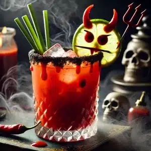 Um copo alto contendo Bloody Mary vermelho escuro, com a borda do copo bordada com sal preto para um efeito dramático. Destaca-se a guarnição em forma de demônio: um limão esculpido com olhos e boca ameaçadores, chifres feitos de pimenta vermelha e um rabo feito de raspas de limão. O vidro é colocado contra um fundo escuro com fumaça leve (usando gelo seco para efeito) e adereços como velas pretas e caveiras decorativas.